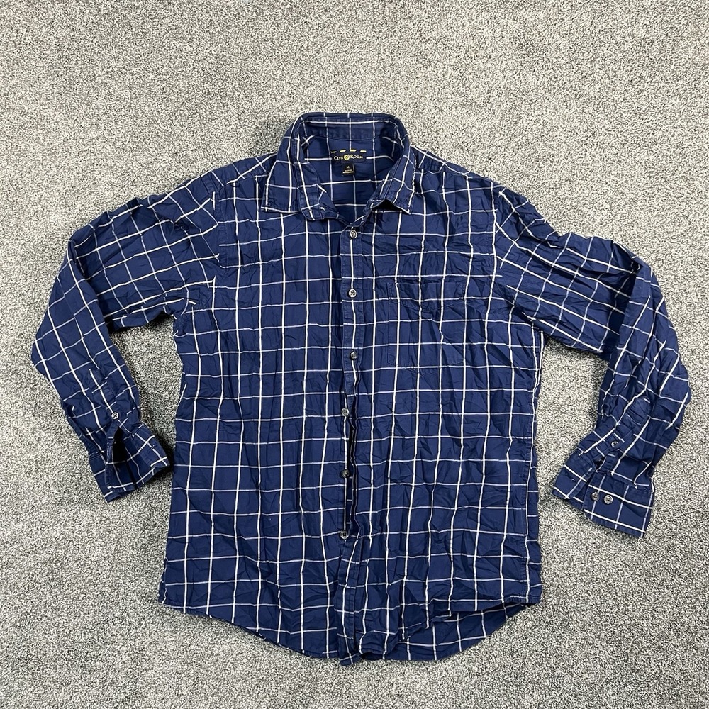 Club Room Mens Medium Button Up Shirt Navy Blue White Windowpane Long Sleeve